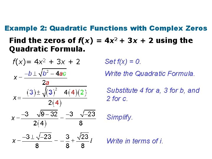 Example 2: Quadratic Functions with Complex Zeros Find the zeros of f(x) = 4