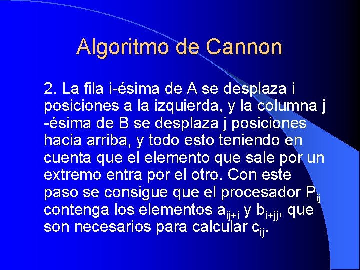 Algoritmo de Cannon 2. La fila i-ésima de A se desplaza i posiciones a
