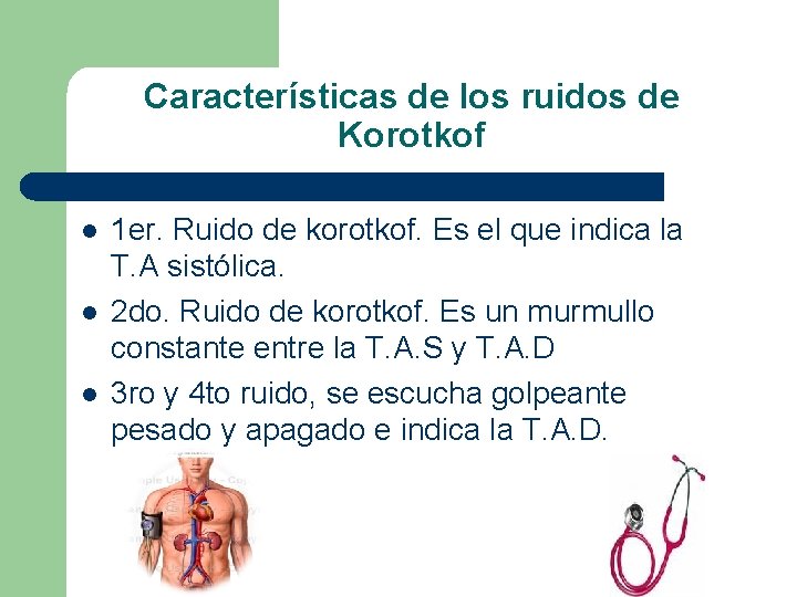 Características de los ruidos de Korotkof l l l 1 er. Ruido de korotkof. Características de los ruidos de Korotkof l l l 1 er. Ruido de korotkof.