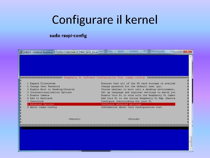 Configurare il kernel sudo raspi-config 