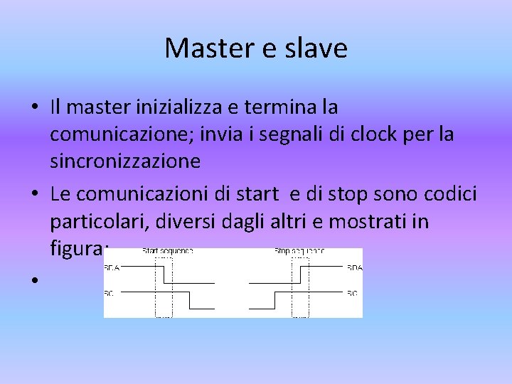 Master e slave • Il master inizializza e termina la comunicazione; invia i segnali