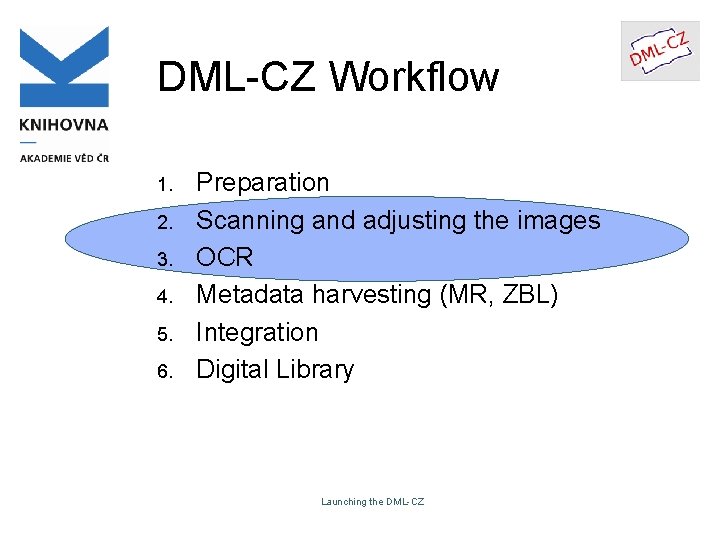 DML-CZ Workflow 1. 2. 3. 4. 5. 6. Preparation Scanning and adjusting the images DML-CZ Workflow 1. 2. 3. 4. 5. 6. Preparation Scanning and adjusting the images