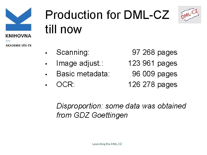 Production for DML-CZ till now • • Scanning: Image adjust. : Basic metadata: OCR: Production for DML-CZ till now • • Scanning: Image adjust. : Basic metadata: OCR: