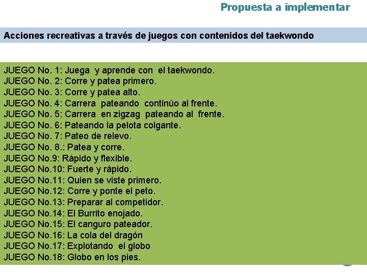 Propuesta a implementar Acciones recreativas a través de juegos contenidos del taekwondo JUEGO No.