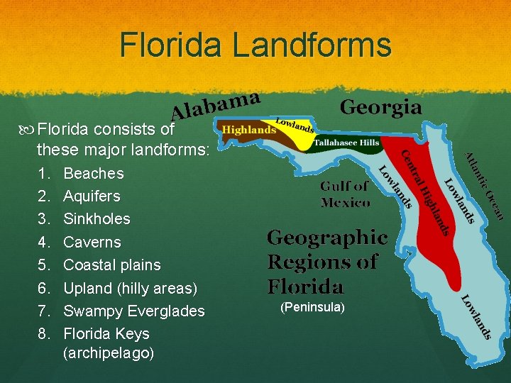 Florida Landforms Florida consists of these major landforms: 1. 2. 3. 4. 5. 6.