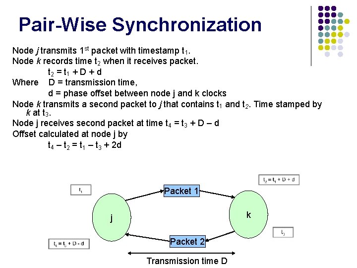 Pair-Wise Synchronization Node j transmits 1 st packet with timestamp t 1. Node k