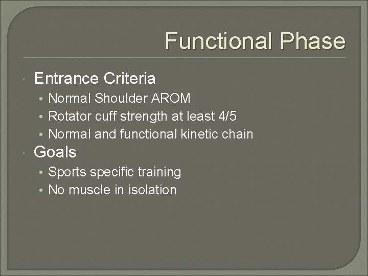 Functional Phase Entrance Criteria • Normal Shoulder AROM • Rotator cuff strength at least