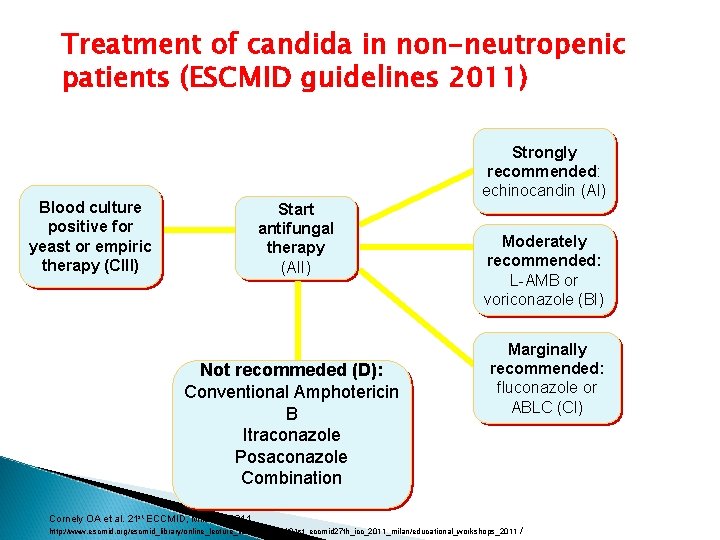 Treatment of candida in non-neutropenic patients (ESCMID guidelines 2011) Strongly recommended: recommended echinocandin (AI)