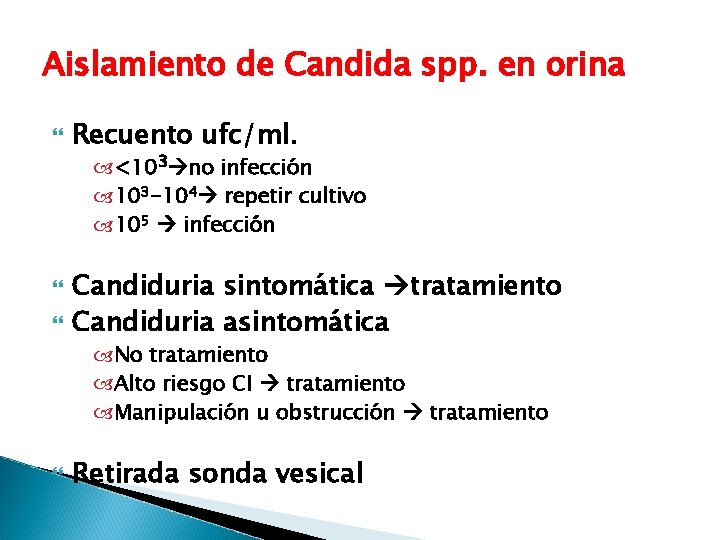 Aislamiento de Candida spp. en orina Recuento ufc/ml. <103 no infección 103 -104 repetir