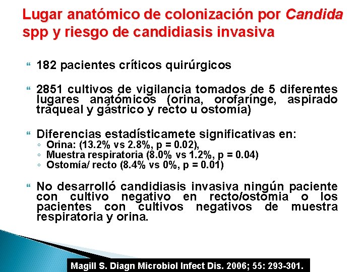 Lugar anatómico de colonización por Candida spp y riesgo de candidiasis invasiva 182 pacientes