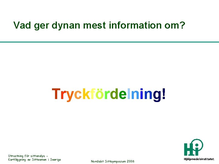 Vad ger dynan mest information om? Tryckfördelning! Utrustning för sittanalys Kartläggning av Sitteamen i