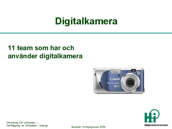 Digitalkamera 11 team som har och använder digitalkamera Utrustning för sittanalys Kartläggning av Sitteamen