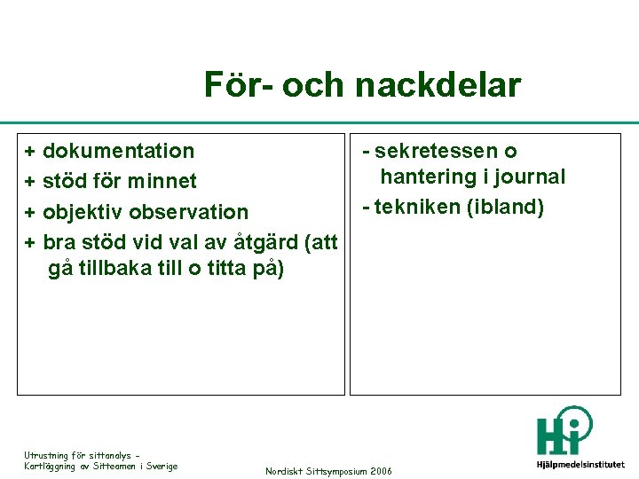För- och nackdelar + dokumentation + stöd för minnet + objektiv observation + bra