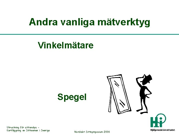 Andra vanliga mätverktyg Vinkelmätare Spegel Utrustning för sittanalys Kartläggning av Sitteamen i Sverige Nordiskt