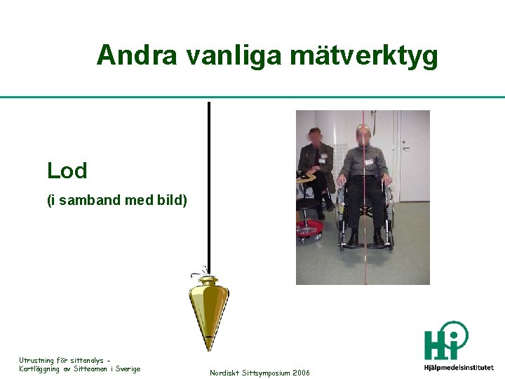 Andra vanliga mätverktyg Lod (i samband med bild) Utrustning för sittanalys Kartläggning av Sitteamen
