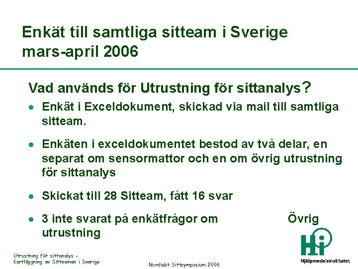 Enkät till samtliga sitteam i Sverige mars-april 2006 Vad används för Utrustning för sittanalys?