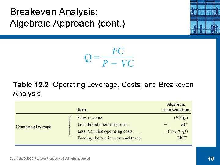 Breakeven Analysis: Algebraic Approach (cont. ) Table 12. 2 Operating Leverage, Costs, and Breakeven