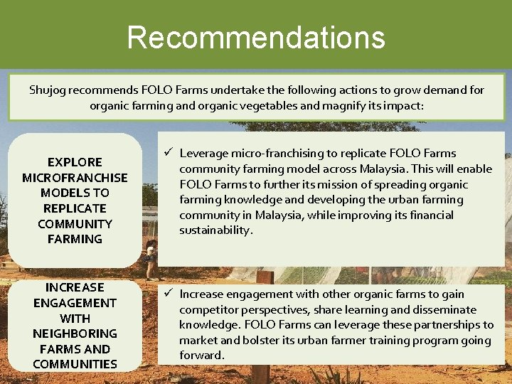 Recommendations Shujog recommends FOLO Farms undertake the following actions to grow demand for organic