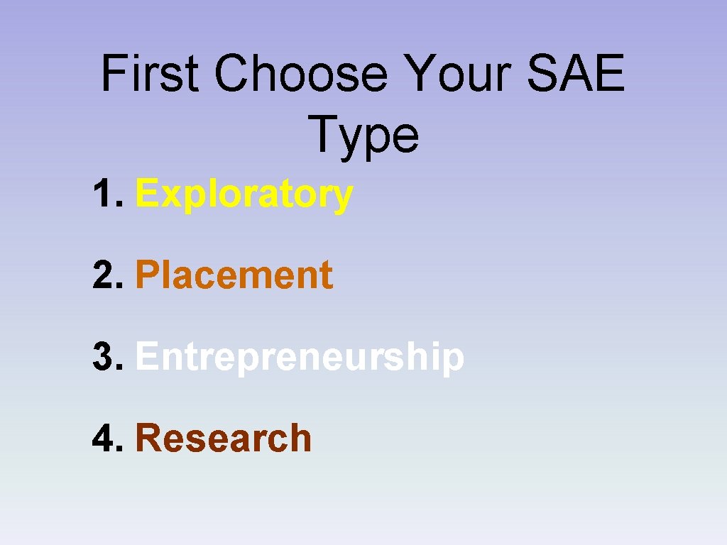 First Choose Your SAE Type 1. Exploratory 2. Placement 3. Entrepreneurship 4. Research 