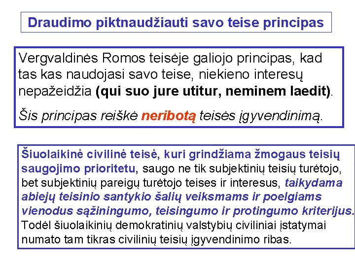 Draudimo piktnaudžiauti savo teise principas Vergvaldinės Romos teisėje galiojo principas, kad tas kas naudojasi