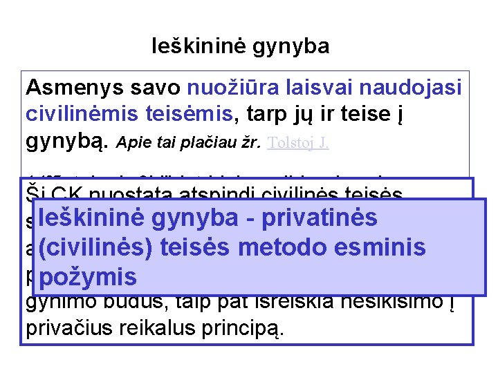 Ieškininė gynyba Asmenys savo nuožiūra laisvai naudojasi civilinėmis teisėmis, tarp jų ir teise į