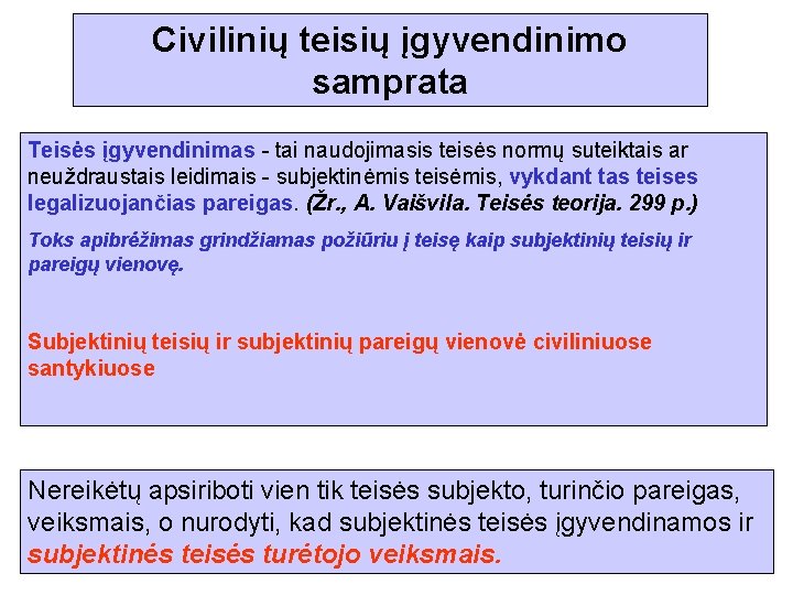 Civilinių teisių įgyvendinimo samprata Teisės įgyvendinimas - tai naudojimasis teisės normų suteiktais ar neuždraustais