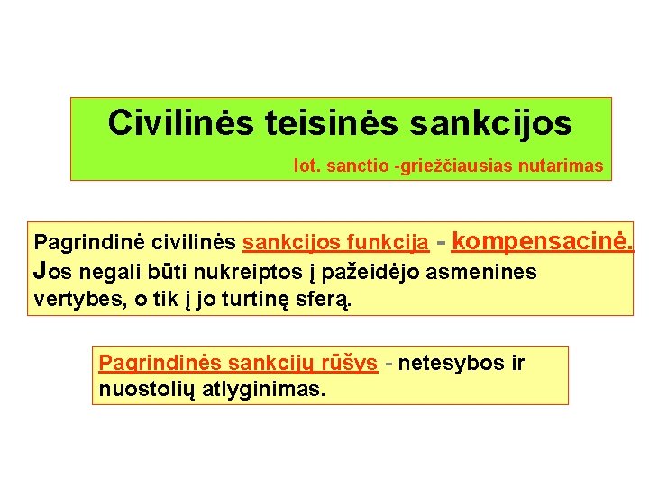 Civilinės teisinės sankcijos lot. sanctio -griežčiausias nutarimas Pagrindinė civilinės sankcijos funkcija - kompensacinė. Jos