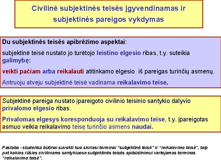 Civilinė subjektinės teisės įgyvendinamas ir subjektinės pareigos vykdymas Du subjektinės teisės apibrėžimo aspektai: subjektinė