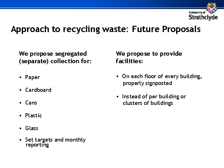 Approach to recycling waste: Future Proposals We propose segregated (separate) collection for: We propose