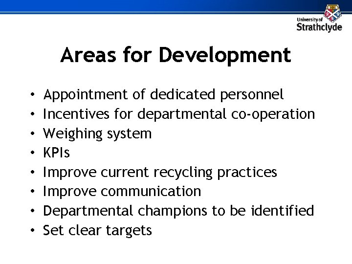 Areas for Development • • Appointment of dedicated personnel Incentives for departmental co-operation Weighing