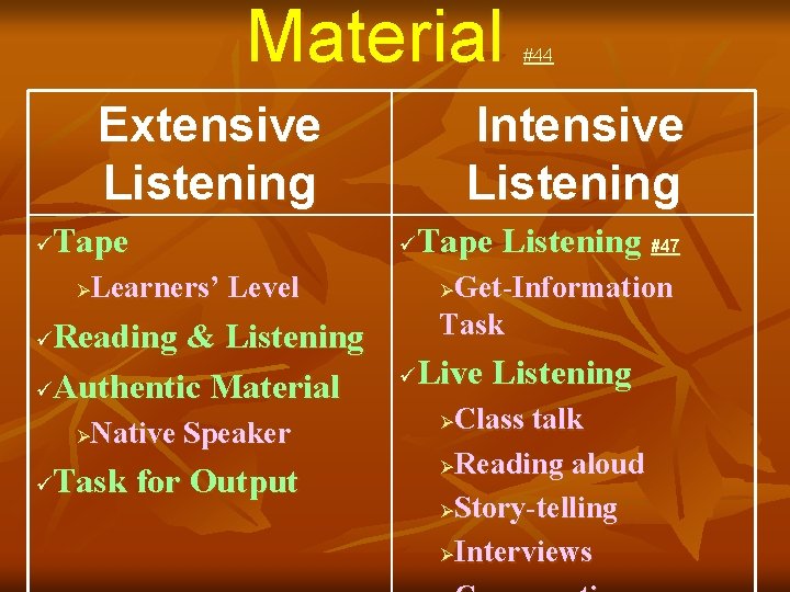 Material Extensive Listening Tape ü Intensive Listening Tape Listening #47 ü Learners’ Level Get-Information