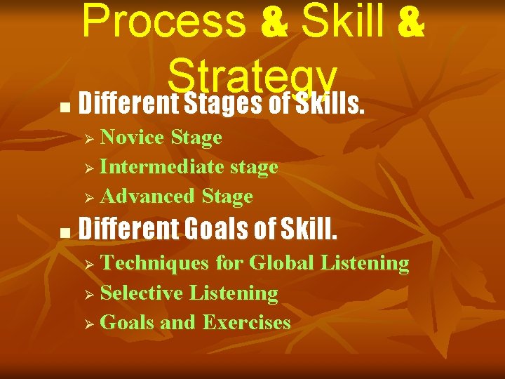 n Process & Skill & Strategy Different Stages of Skills. Novice Stage Ø Intermediate