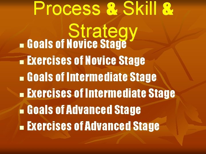 Process & Skill & Strategy Goals of Novice Stage n Exercises of Novice Stage