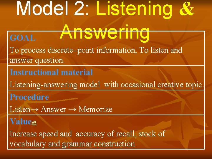 Model 2: Listening & Answering GOAL To process discrete–point information, To listen and answer