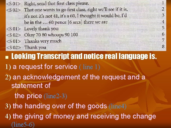 n Looking Transcript and notice real language is. 1) a request for service (