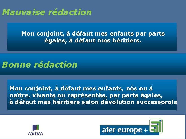 Mauvaise rédaction Mon conjoint, à défaut mes enfants parts égales, à défaut mes héritiers.