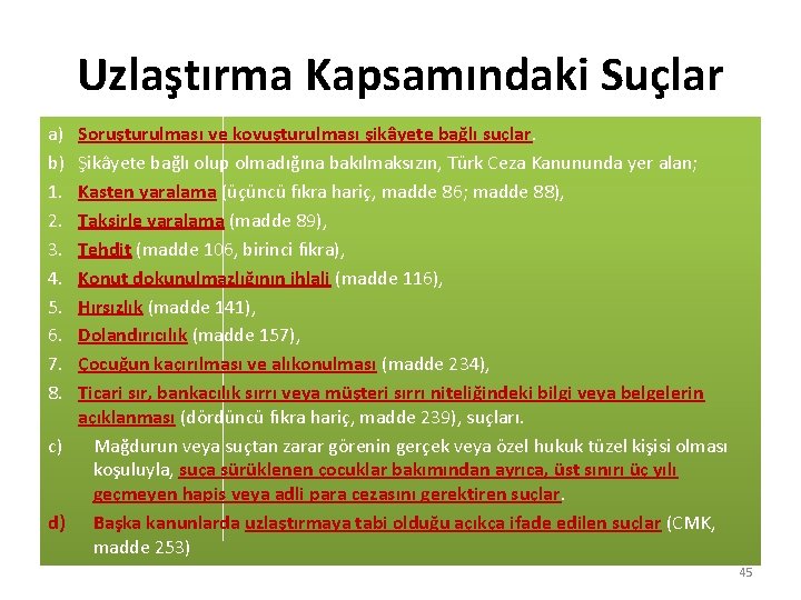 Uzlaştırma Kapsamındaki Suçlar a) b) 1. 2. 3. 4. 5. 6. 7. 8. Soruşturulması