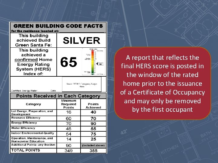 A report that reflects the final HERS score is posted in the window of