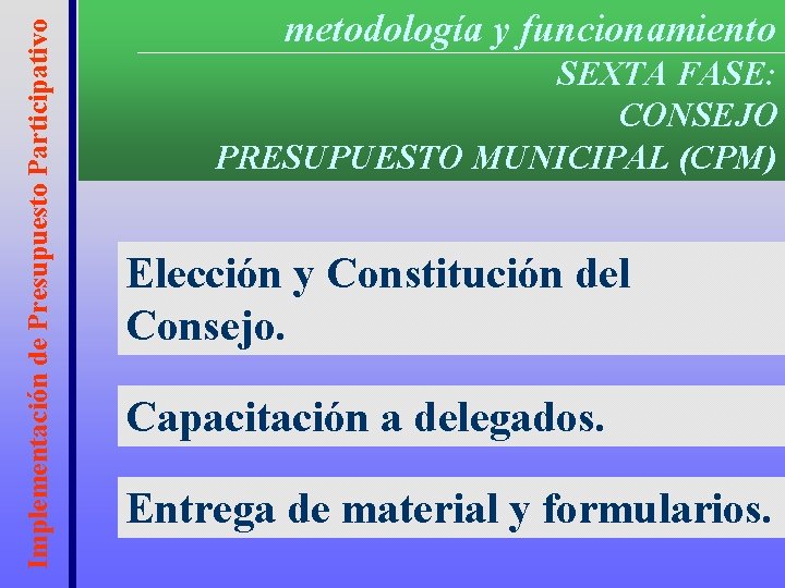 Implementación de Presupuesto Participativo metodología y funcionamiento SEXTA FASE: CONSEJO PRESUPUESTO MUNICIPAL (CPM) Elección