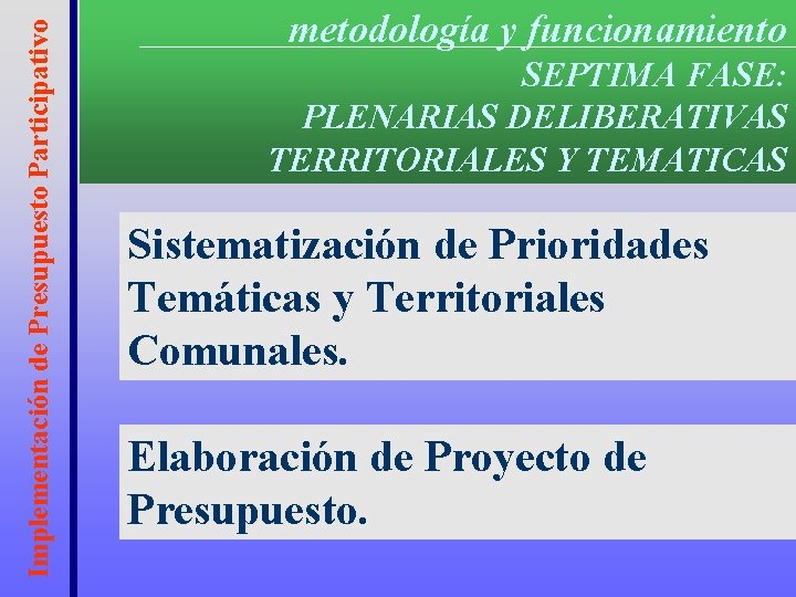 Implementación de Presupuesto Participativo metodología y funcionamiento SEPTIMA FASE: PLENARIAS DELIBERATIVAS TERRITORIALES Y TEMATICAS