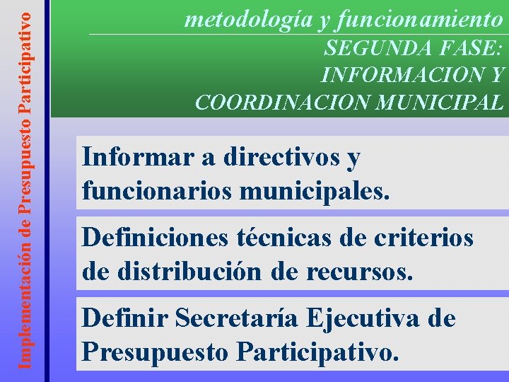 Implementación de Presupuesto Participativo metodología y funcionamiento SEGUNDA FASE: INFORMACION Y COORDINACION MUNICIPAL Informar