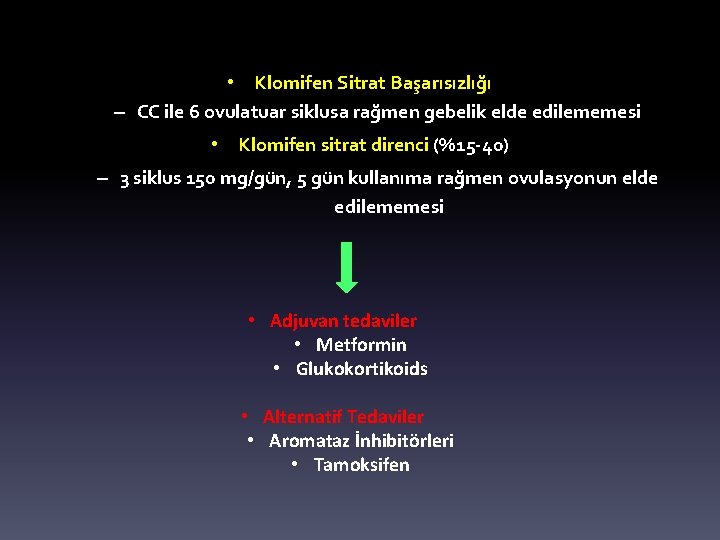 • Klomifen Sitrat Başarısızlığı – CC ile 6 ovulatuar siklusa rağmen gebelik elde • Klomifen Sitrat Başarısızlığı – CC ile 6 ovulatuar siklusa rağmen gebelik elde
