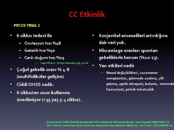CC Etkinlik PPCOS TRIAL 1 • 6 siklus tedavi ile – Ovulasyon hızı %48