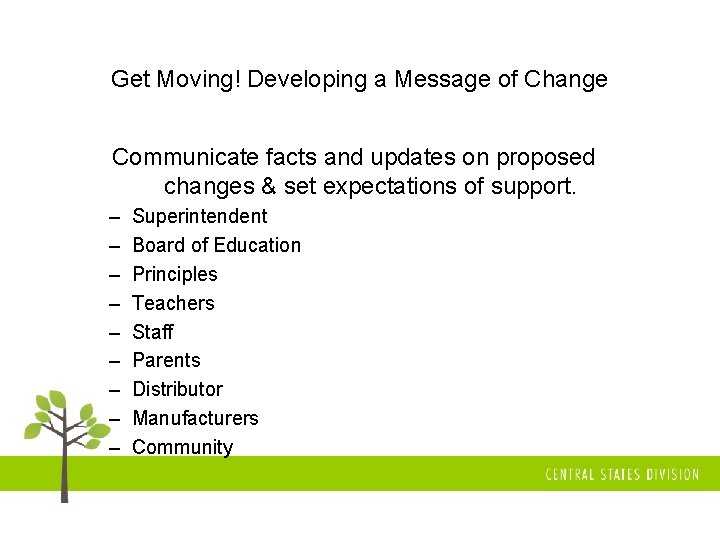 Get Moving! Developing a Message of Change Communicate facts and updates on proposed changes