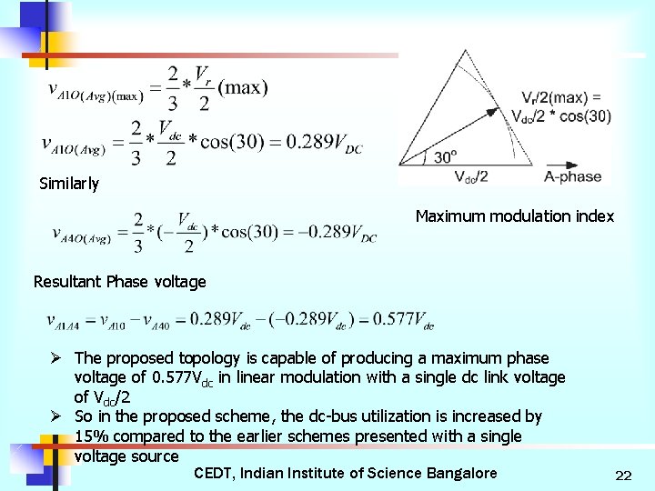 Similarly Maximum modulation index Resultant Phase voltage Ø The proposed topology is capable of