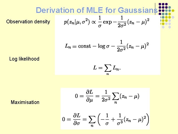 Derivation of MLE for Gaussians Observation density Log likelihood Maximisation 