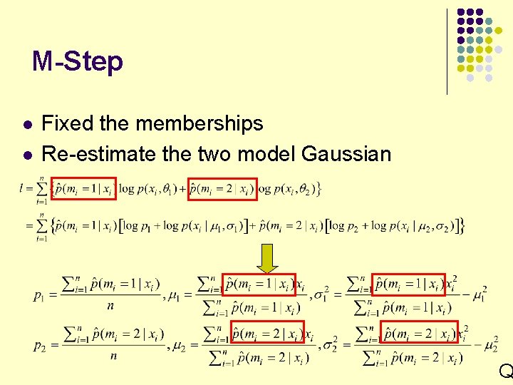 M-Step l l Fixed the memberships Re-estimate the two model Gaussian Q 