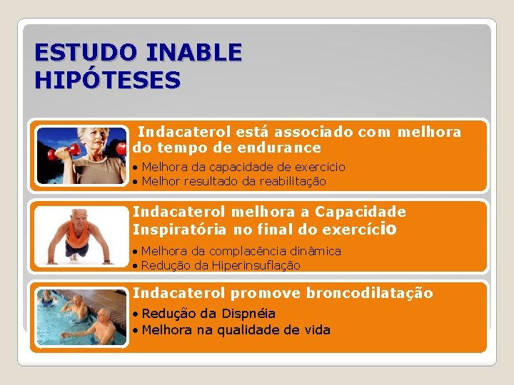 ESTUDO INABLE HIPÓTESES Indacaterol está associado com melhora do tempo de endurance • Melhora