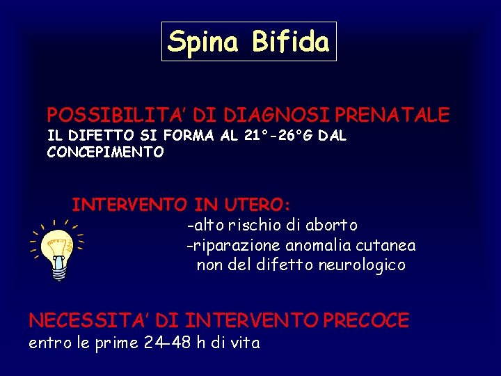 Spina Bifida POSSIBILITA’ DI DIAGNOSI PRENATALE IL DIFETTO SI FORMA AL 21°-26°G DAL CONCEPIMENTO