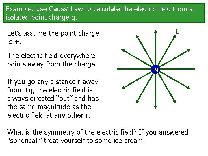 Example: use Gauss’ Law to calculate the electric field from an isolated point charge
